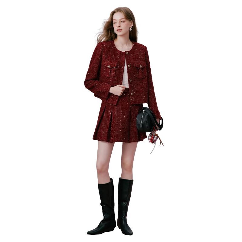 Xiangying Festive Red Tweed Two-Piece Suit