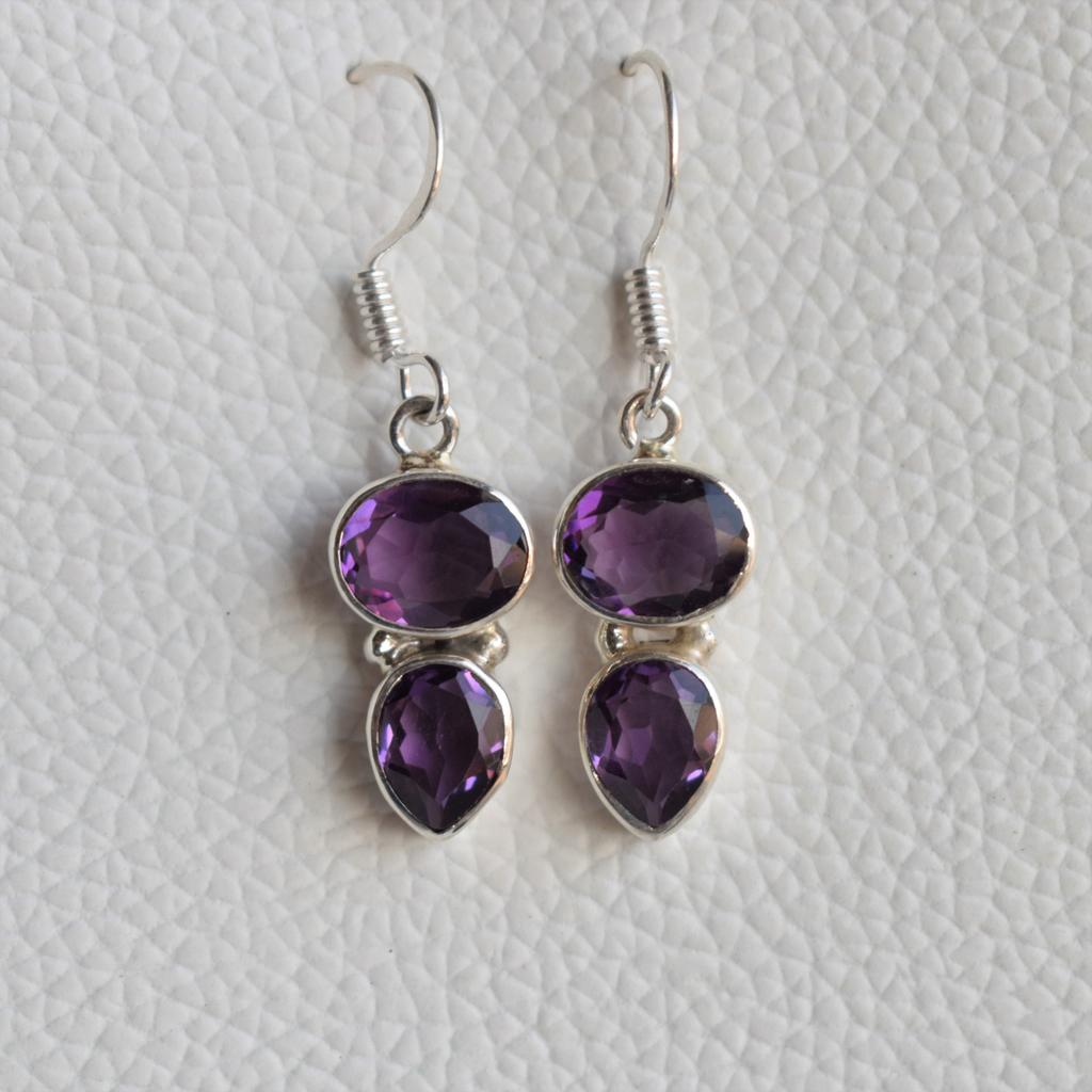 Natural Amethyst Earrings, 925 Sterling Silver Earrings, Gift for her, February Birthstone, Gemstone Earrings, Dual Stone Earrings