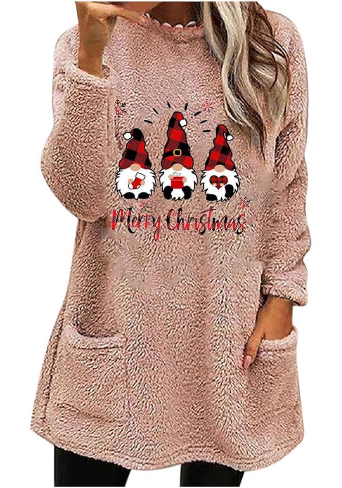 Women's Christmas Letter Print Round Neck Loose Long Sleeve Plush Hoodie