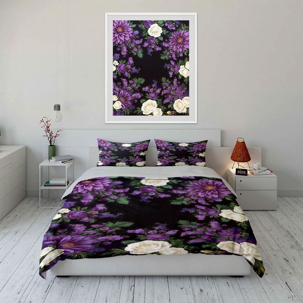 Purple and white floral Bedding sets Duvet cover sets Duvet covers Pillowcases(1 * Duvet Cover 2 * Pillowcases, without duvet insert)