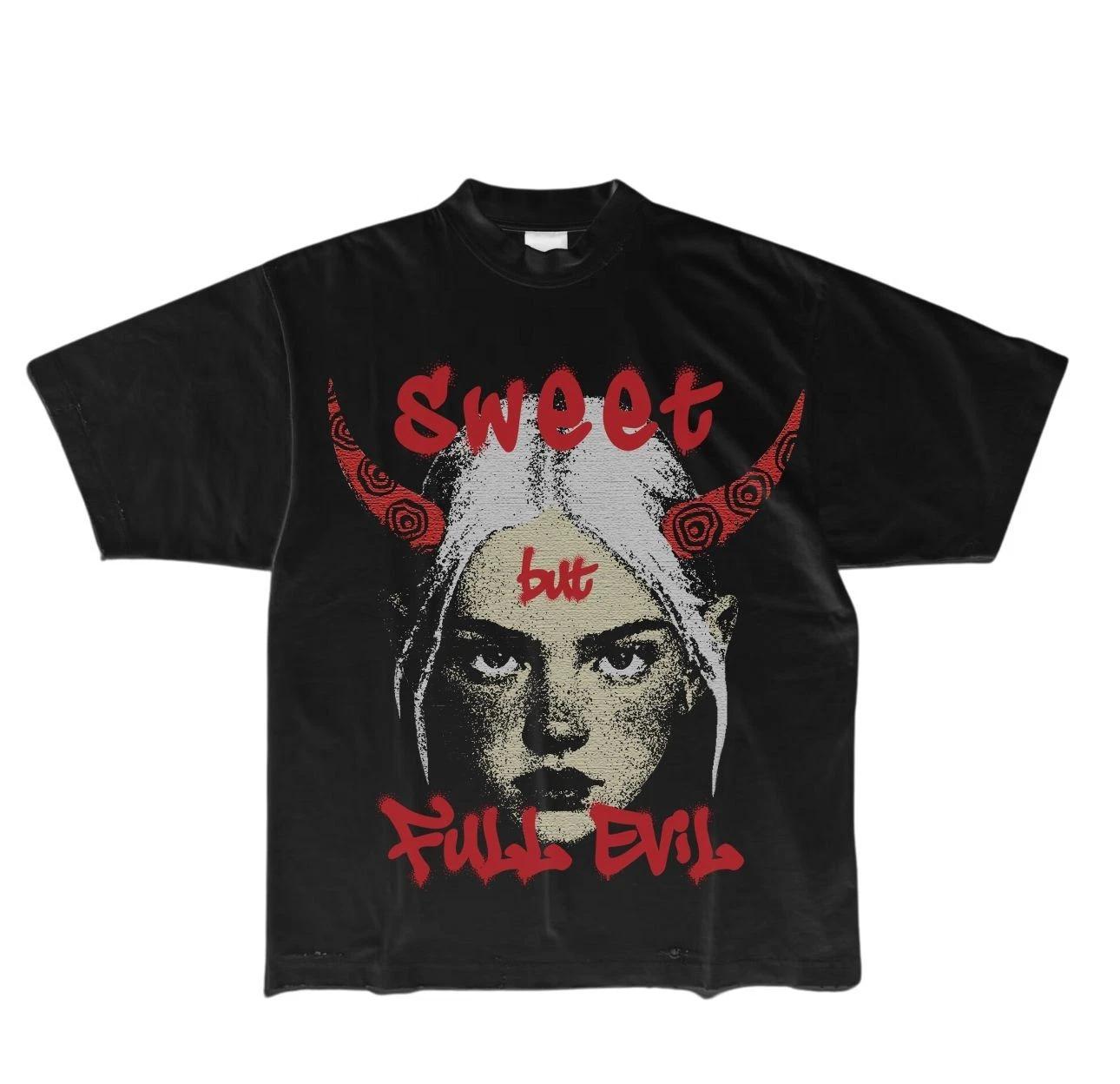 New Sweet But Full Evil Devil Horns Girl Black Short Sleeve Unisex S-5XL T-Shirt S