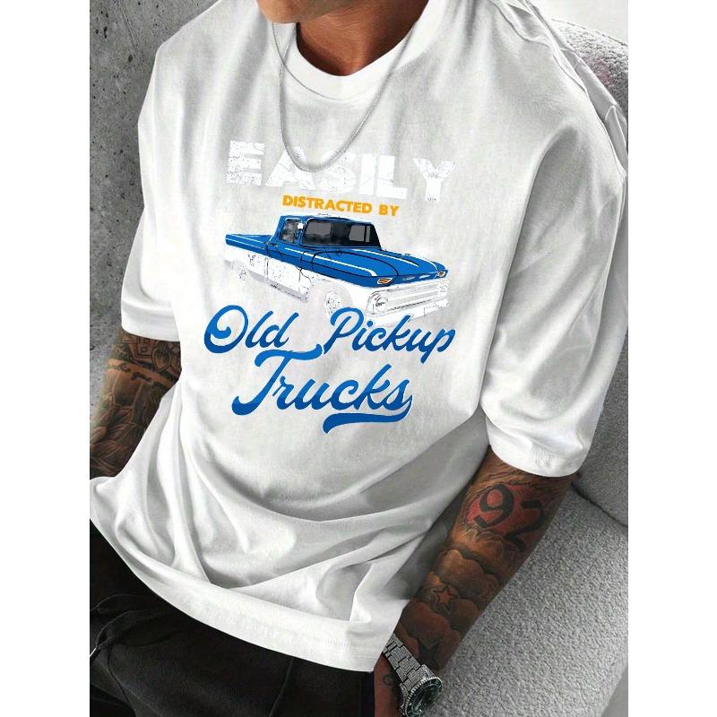 

European sizes Men S Casual Old Pickup Truck Pattern Letter Print T-Shirt | Short Sleeve, Crew Neck, Medium Stretch Fabric 4XL білий
