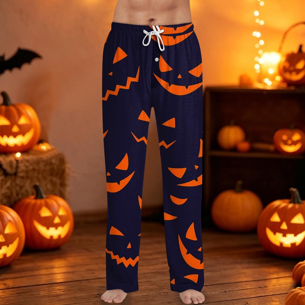 Mens Halloween Printed Drawstring Lounge Pants Casual Relaxed Fit Sleepwear Trousers with Pumpkin Pattern Design