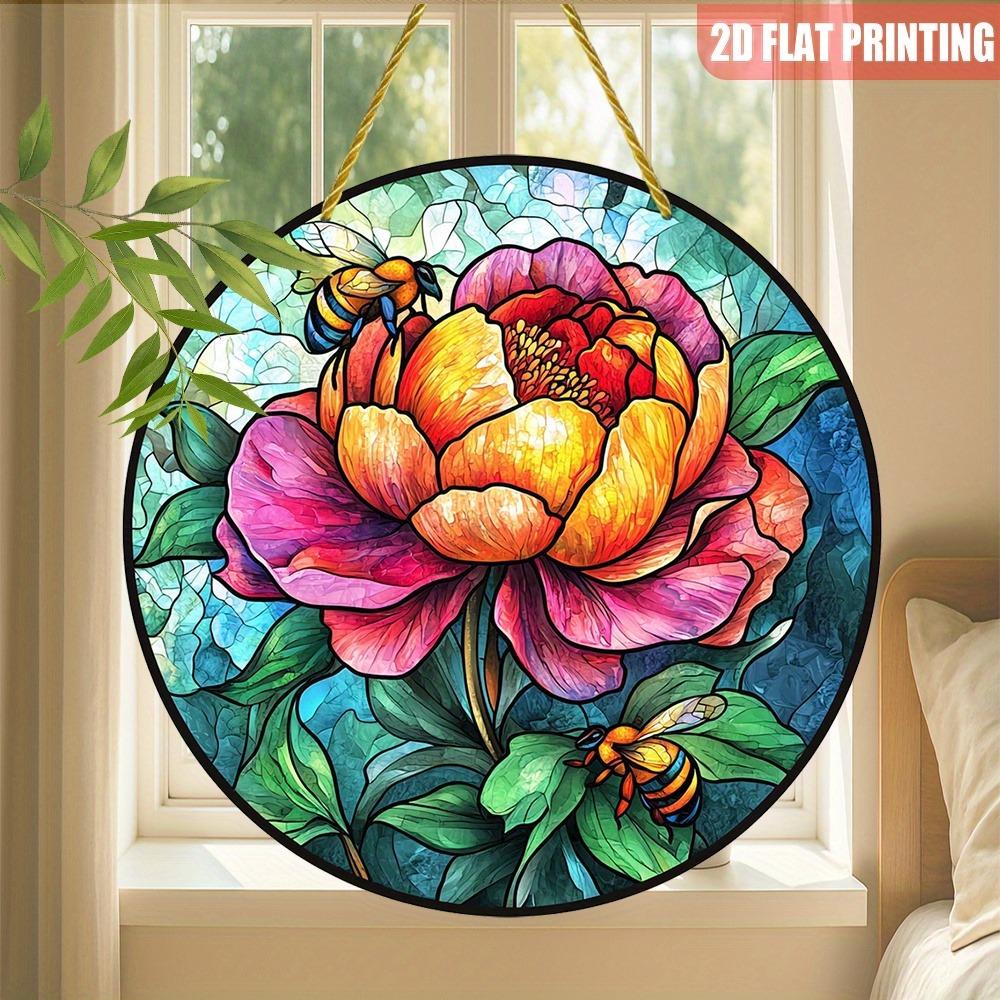 2D Round Bumblebee Flower Acrylic Suncatcher 8in Hanging Stained Glass Wall Decor