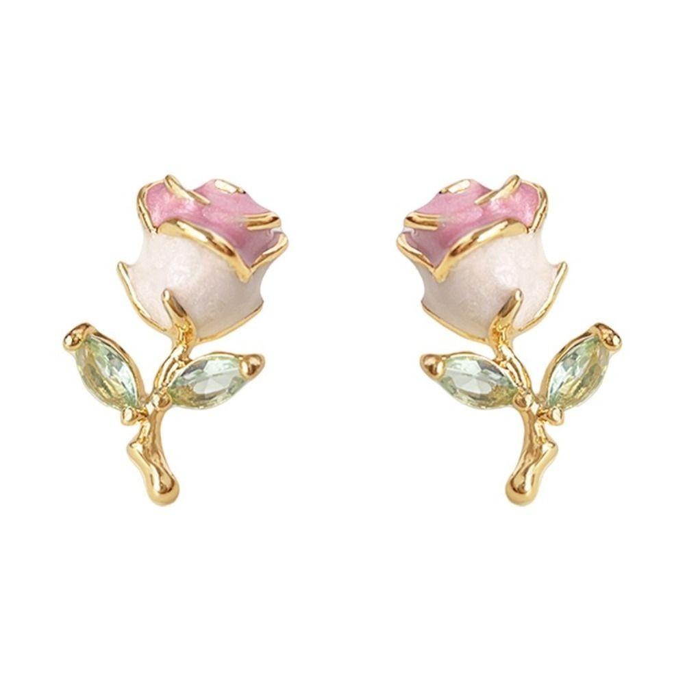 Party Jewelry Pink Rose Studs Earrings 925 Sterling Silver Needle Zircon Small Earrings  Girls