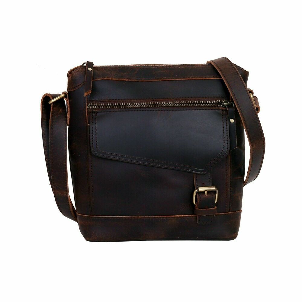 Handmade Unisex Buffalo Leather Crossbody Bag Handbag Brown