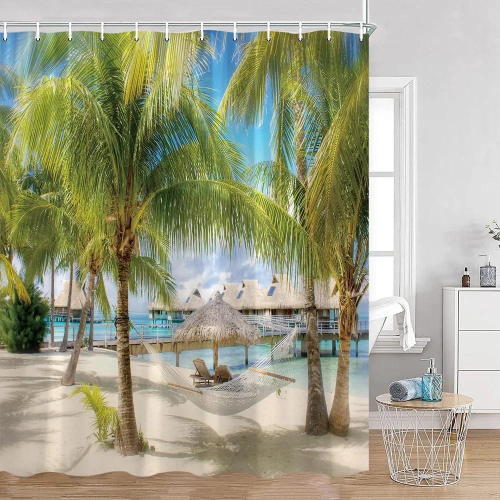 Seaside Beach Shower Curtain Summer Holiday Coconut Tree Sea View Bathroom Bathtub Decoration Polyester Shower Curtain