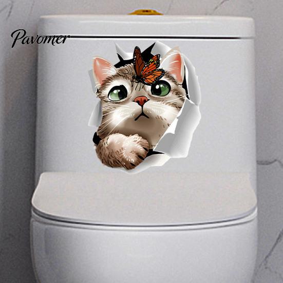 Waterproof Bathroom Sticker Cartoon Cat Butterfly Toilet Sticker, Removable Lid Decor Stickers Decorative Decal, Self-Adhesive Wall Accessories