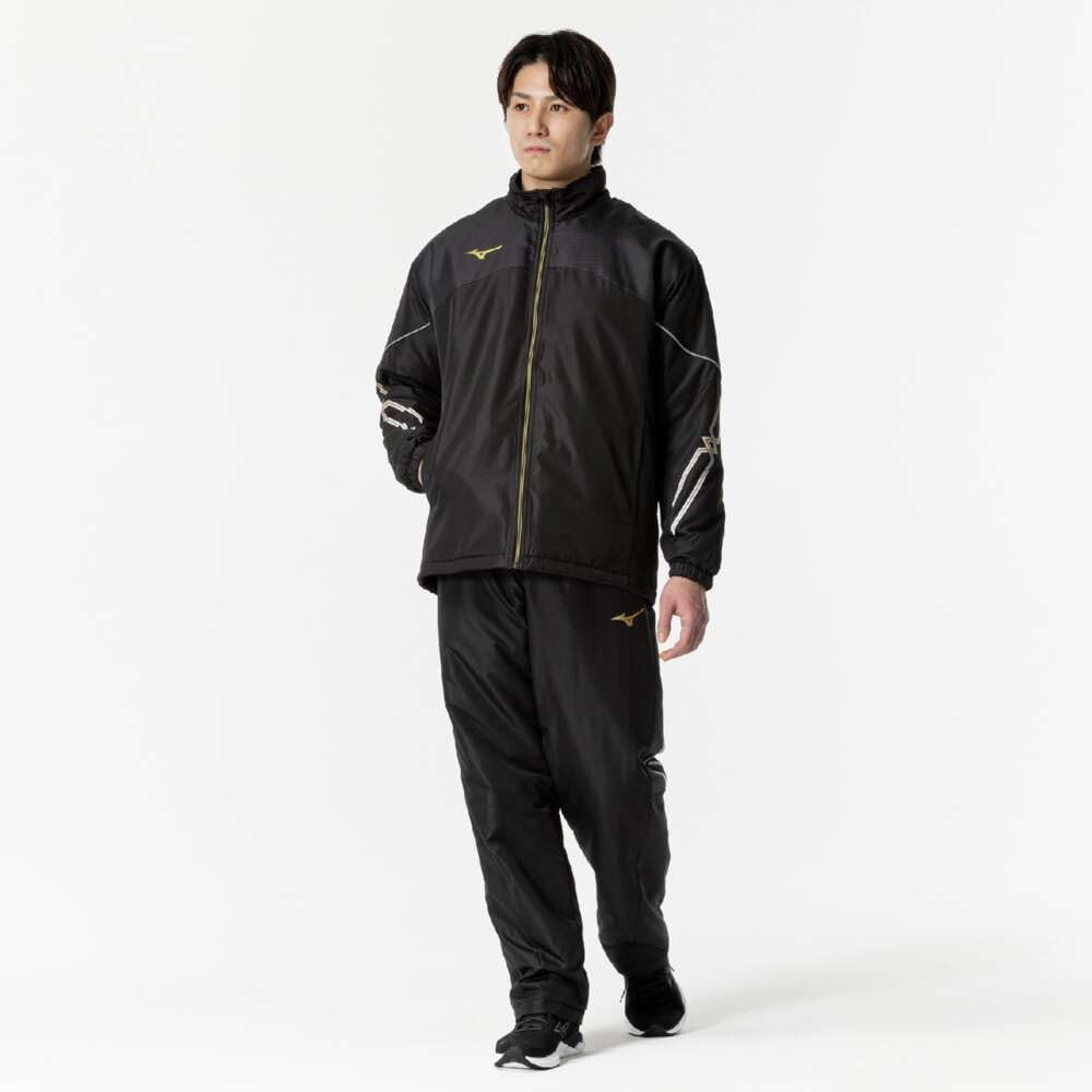 Mizuno Breath Thermo Training Warmer Jacket with and Windproof Black and Gold MC-LINE Wear, Moisture-Wicking, Heat-Generating, Water-Repellent,