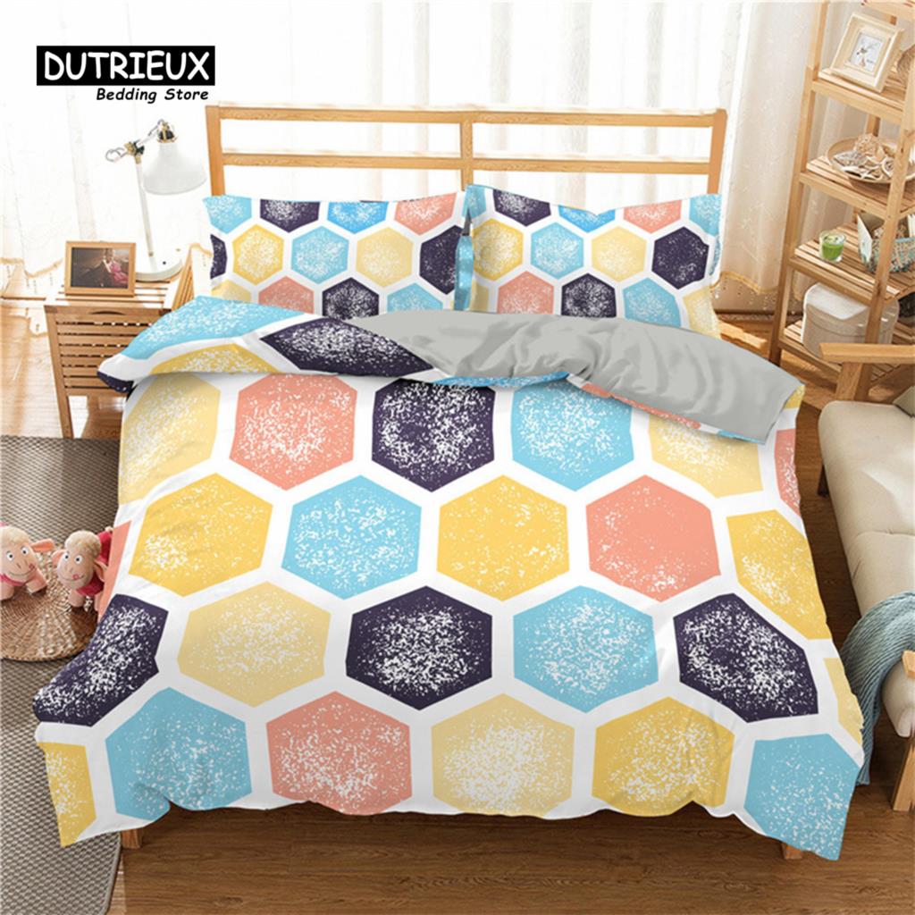 Soft Geometric Bedding Set King Queen Size Microfiber Honeycomb Pattern 3D Print Duvet Cover With Pillowcases Bedroom Decorative