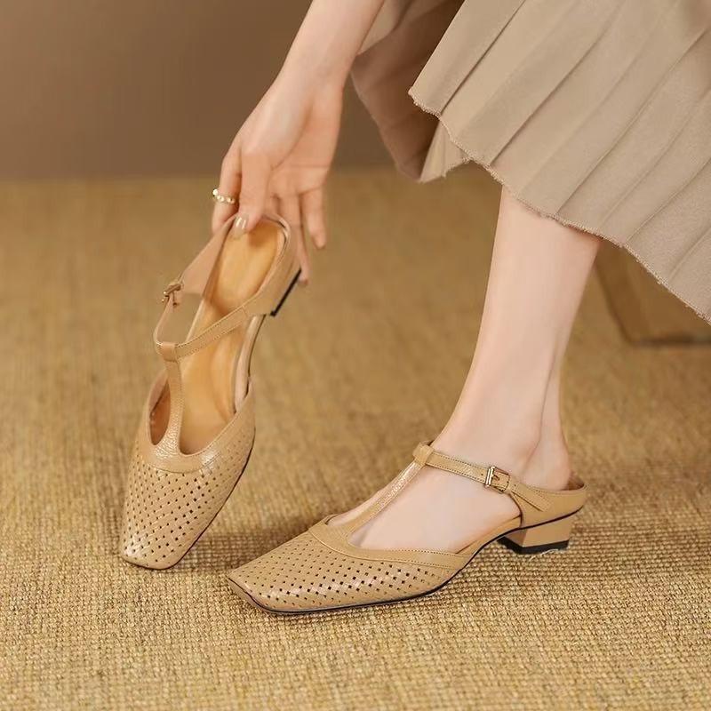Women Mid Heels Slippers Fashion Square Toe Mules Shoes Heeled Sandals 2025 Slingback Flip Flops New Pumps Dress Mujer Zapatos