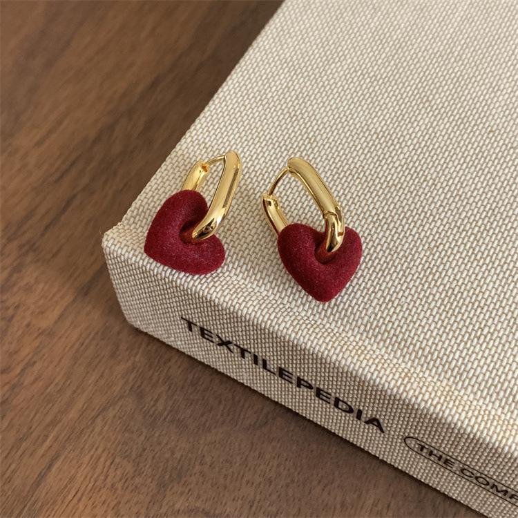 Luxury Red Flocked Heart Ear Studs for Women - Elegant, Versatile, and Detachable Earrings