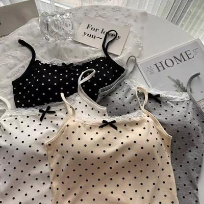 Damen Sommer Süße Punkte Spitze Kante Tanktops Schleife Neu Innenschicht Unterhemd mit BH-Polster Slim Rückenfrei Sexy Basic Crop Top