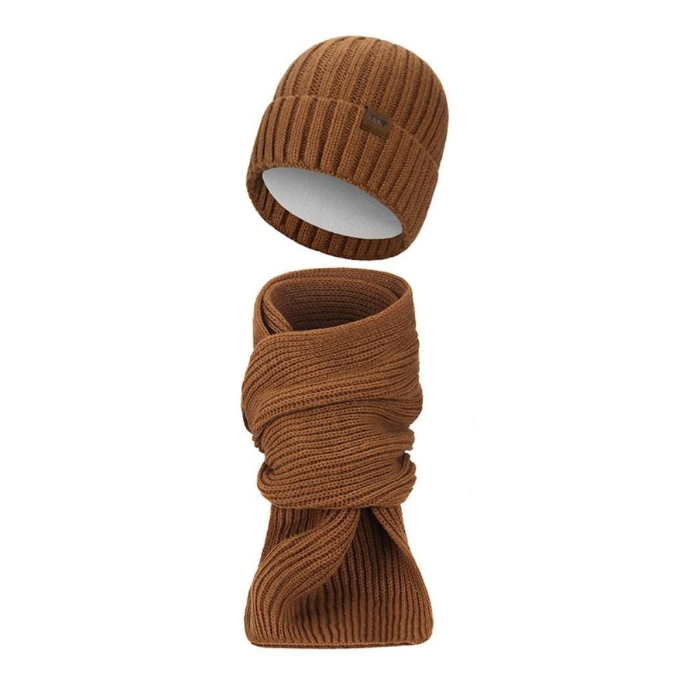 

2Pcs Set Plush Men s Hat Windproof Warm Scarf Trendy Knitted Hat Scarf Winter Autumn кофейный