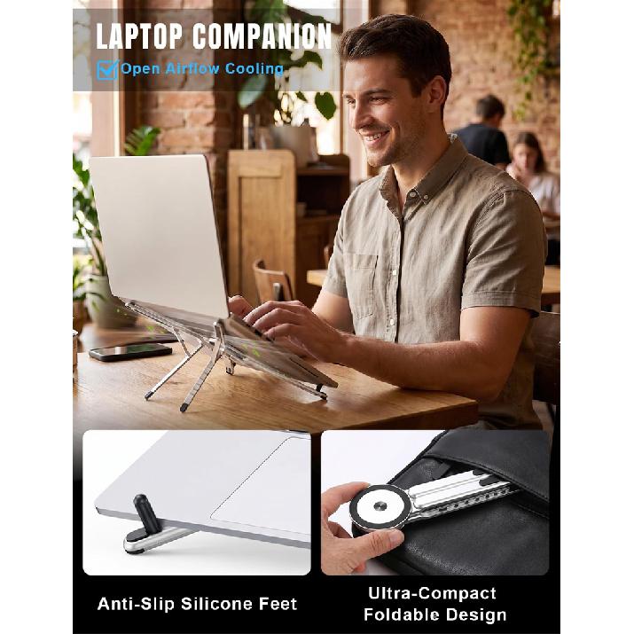 4 in 1 Foldable Laptop Stand Magnetic Phone Holder Aluminum Portable Desk Mount with Tripod Handle for Pro iPad Travel Vlogging 7