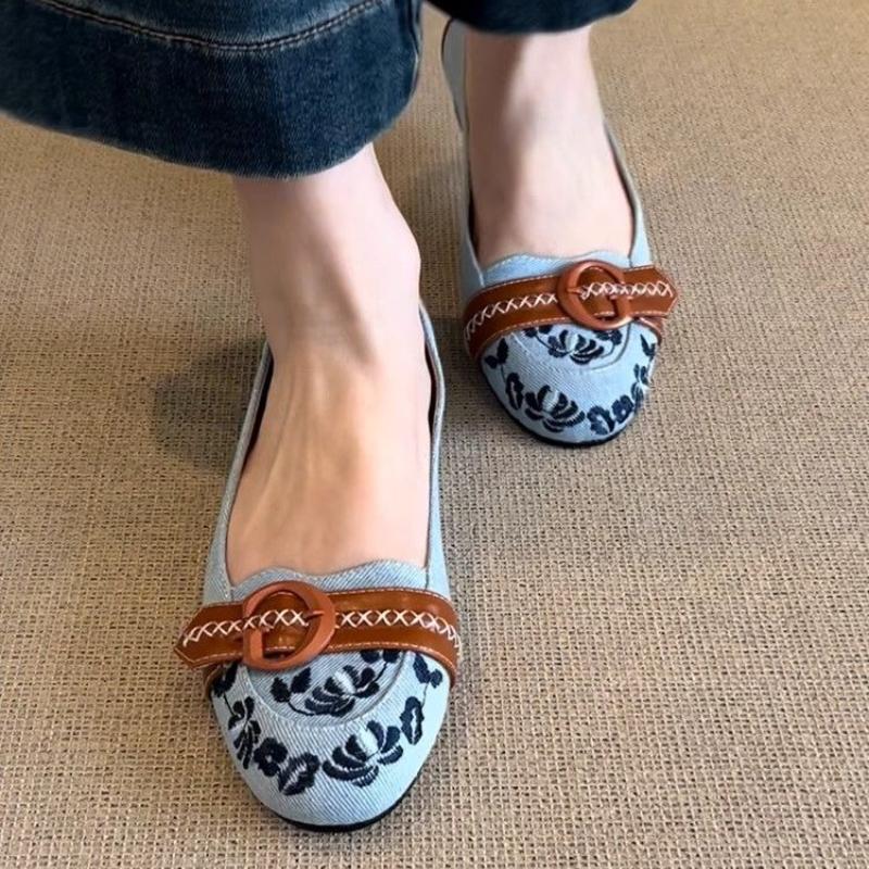 Mary Jane Shoes with Buckle Embroidered Slip-On Low Cut Ballet Flats Casual Women's Footwear Rubber Comfortable Summer