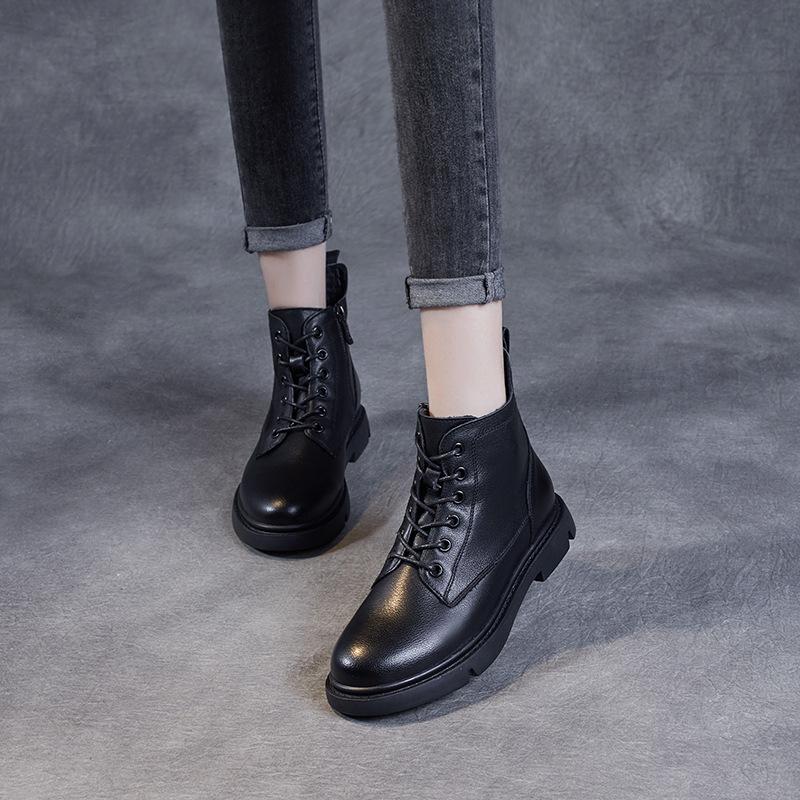 2025 autumn new short Martin boots women's V-mouth lace-up flat-bottomed short boots leather British single boots women's boots