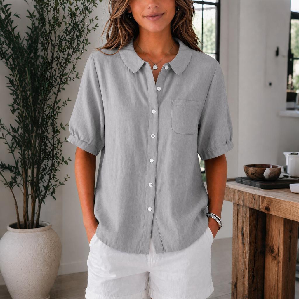 Women Lightweight Linen Cotton Shirt Short Sleeve Button Down Loose Fit Casual Workwear Blouse with Pocket Summer Top
