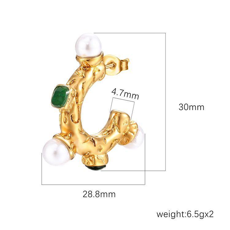 Retro Diamond-set Pearl Stainless Steel Earrings Light Luxury Asymmetrical Trend C-Shaped Women's Earrings