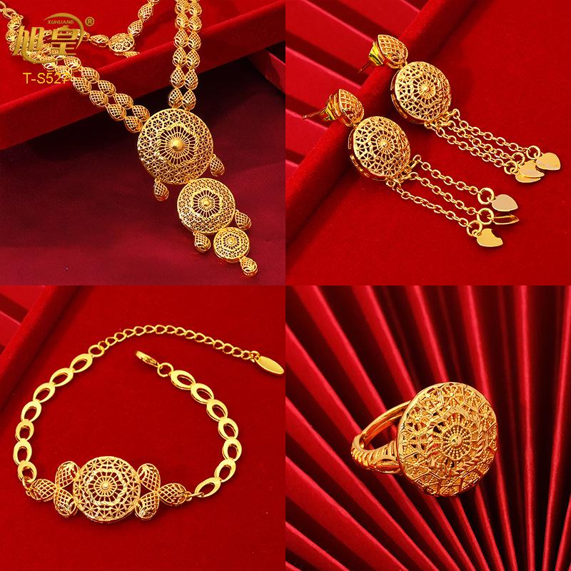 Dubai Wedding Jewelry Set: Ethnic Brass Gold-Plated Necklace, Earrings, Ring, and Bracelet.