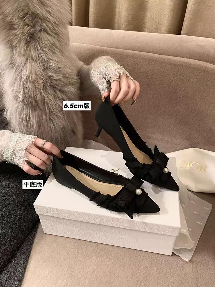 Fashion High heels pointed butterfly butterfly shallow mouth pearl commuting single shoes women's high heels wedding shoes