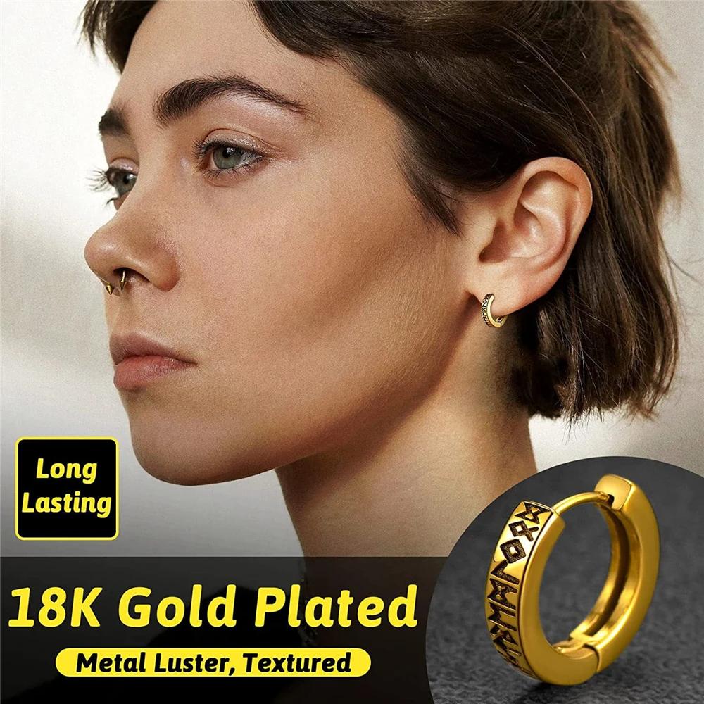 1Pair 12mm Norse Runes Viking Hoop Earrings For Men Woman Punk 316L Stainless Steel Huggie Hoop Vintage Scandinavian Ear Jewelry