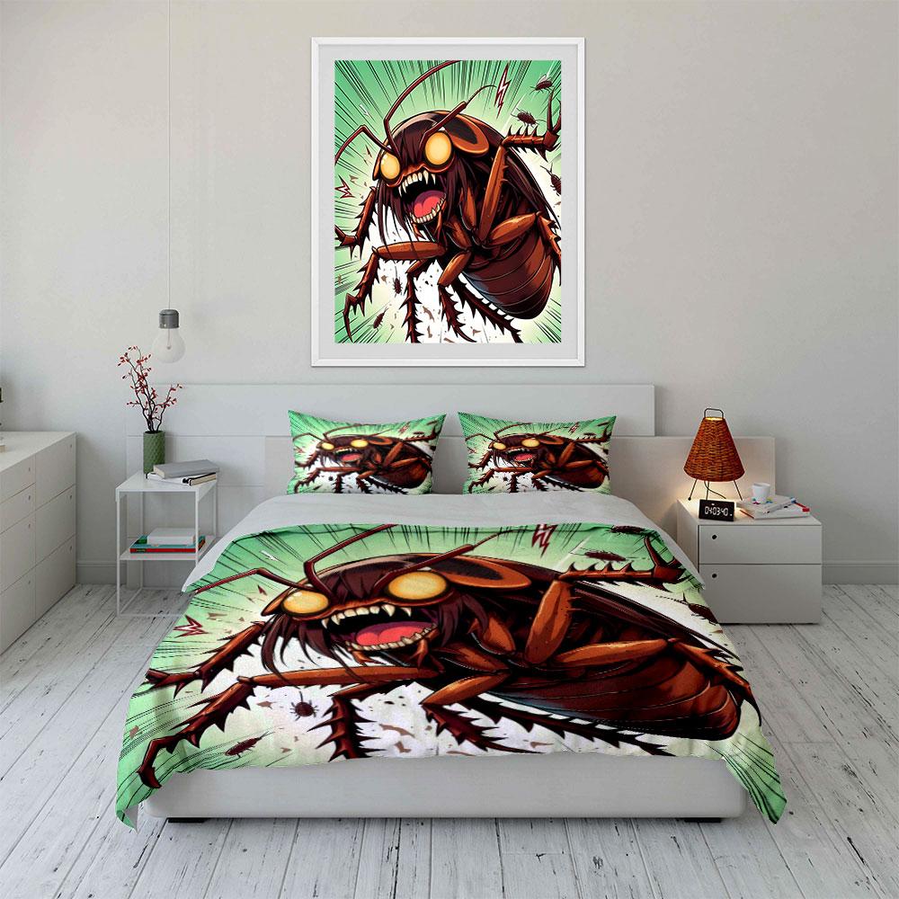 Giant Cartoon Cockroach Roaring Fiercely Print Bedding Set 1 Duvet Cover 2 Pillowcases for Adult and Children Luxury Gift