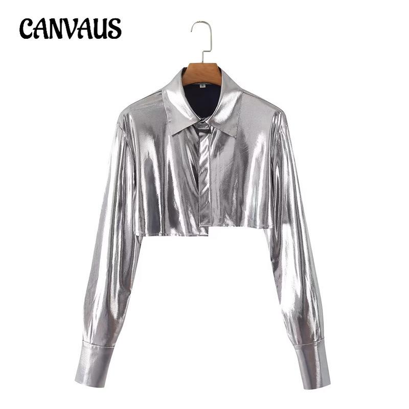 

Весна Осень Женская мода блестящая рубашка стиль короткая куртка S серебряный