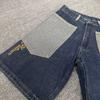 RogueWave Y2K Jeansshorts Herren Harajuku Hip Hop Cartoon Stickerei Blau Baggy Denim Lässig Knielang Kurz
