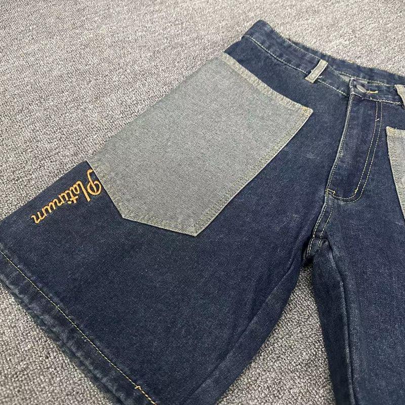 RogueWave Y2K Jeansshorts Herren Harajuku Hip Hop Cartoon Stickerei Blau Baggy Denim Lässig Knielang Kurz