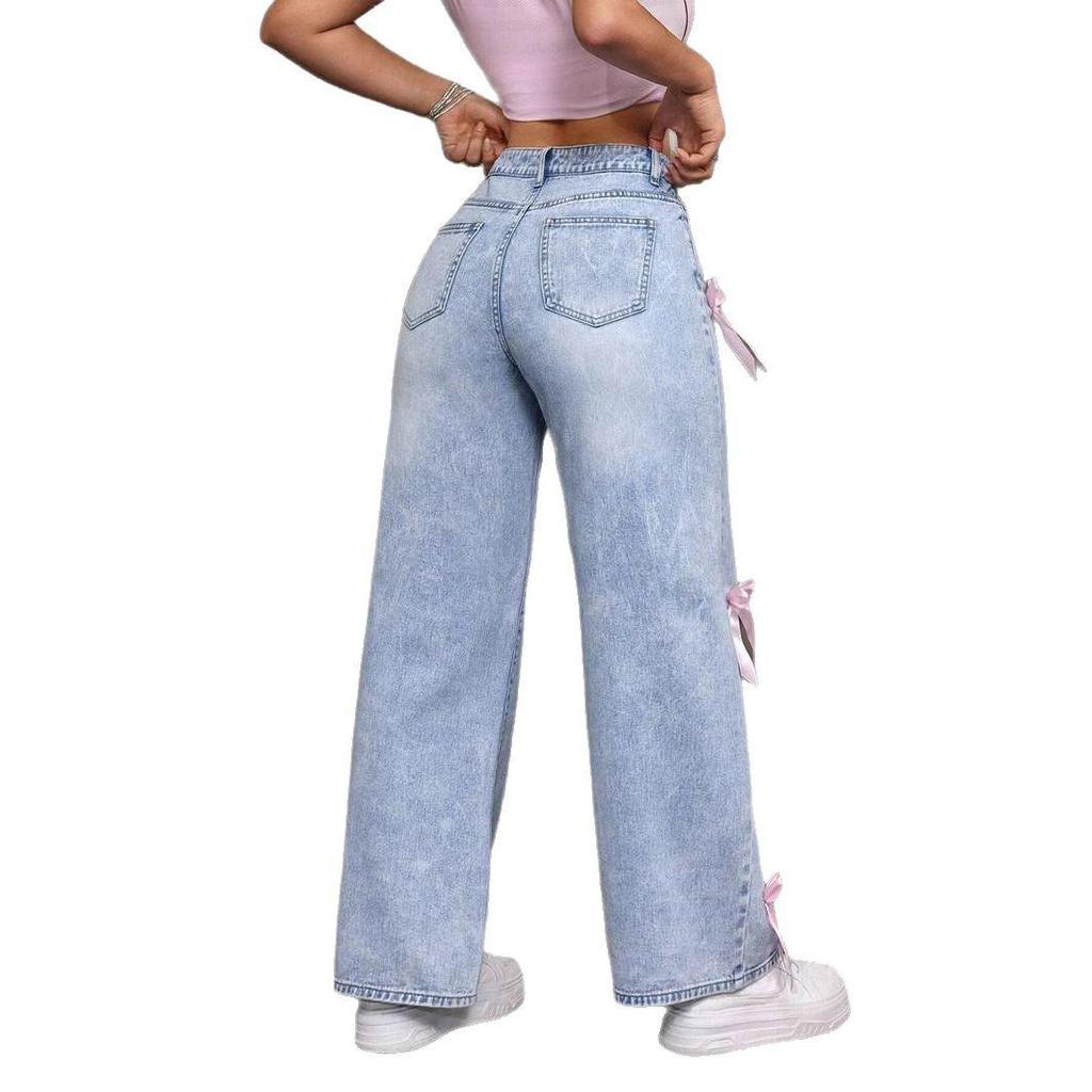 Women's Trendy Bow Straight-Leg Wide-Leg Jeans