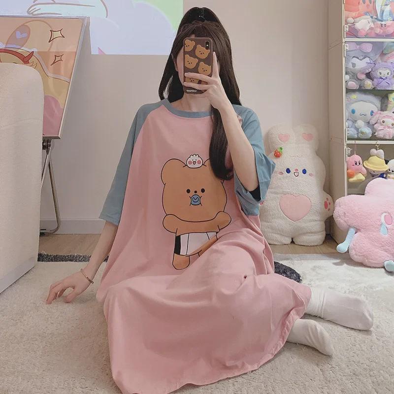 Women's Plus Size Cotton Nightdress - Cute Cartoon, Round Neck, Long Sleeve, Spring/Summer