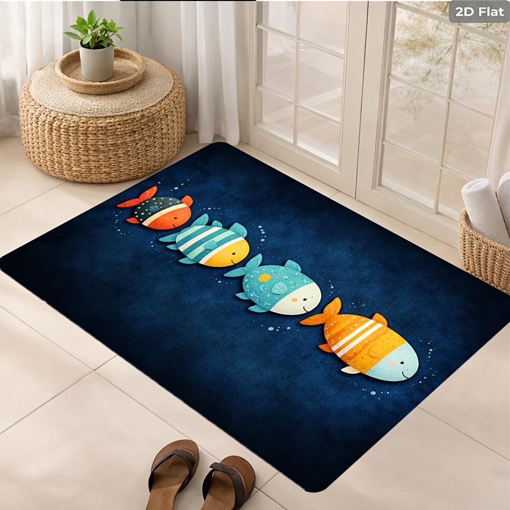 2D Flat Cute Fish Line Up Ocean Blue Background Kids Flannel Bath Mat Non Slip Underwater World Rug For Bathroom Nursery Floor