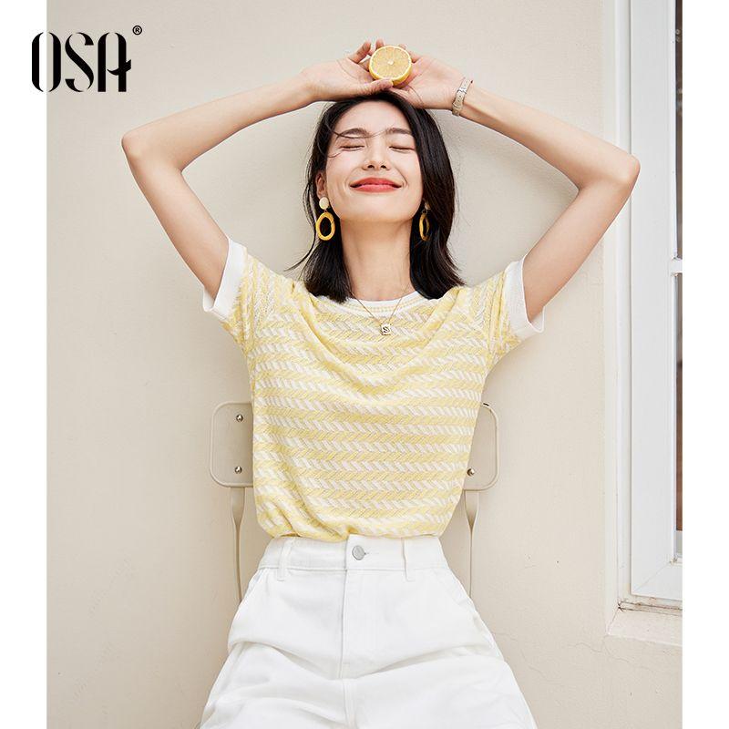 

OSA Желтый Ледяной Шелк Утягивающий Пуловер С Коротким Рукавом Свитер Yellow L