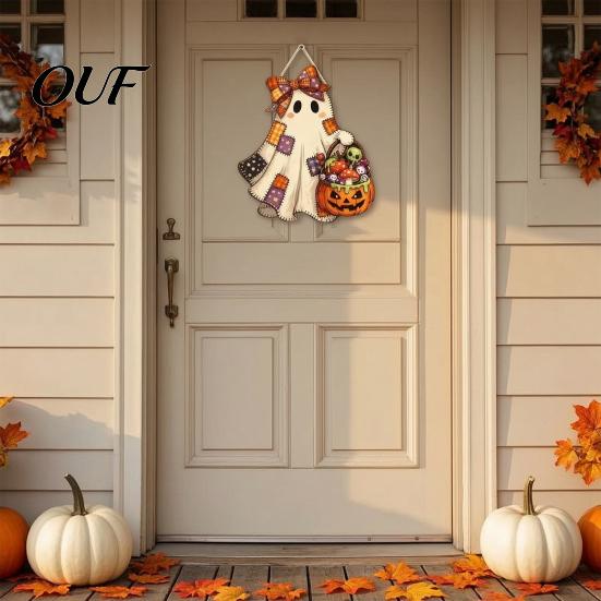 Party Background Decor Halloween Cute Bow Ghost Door Sign, Wooden Patchwork Hanging Plaque with Pumpkin Candy Basket, Wood Craft Decoration Retro Wall