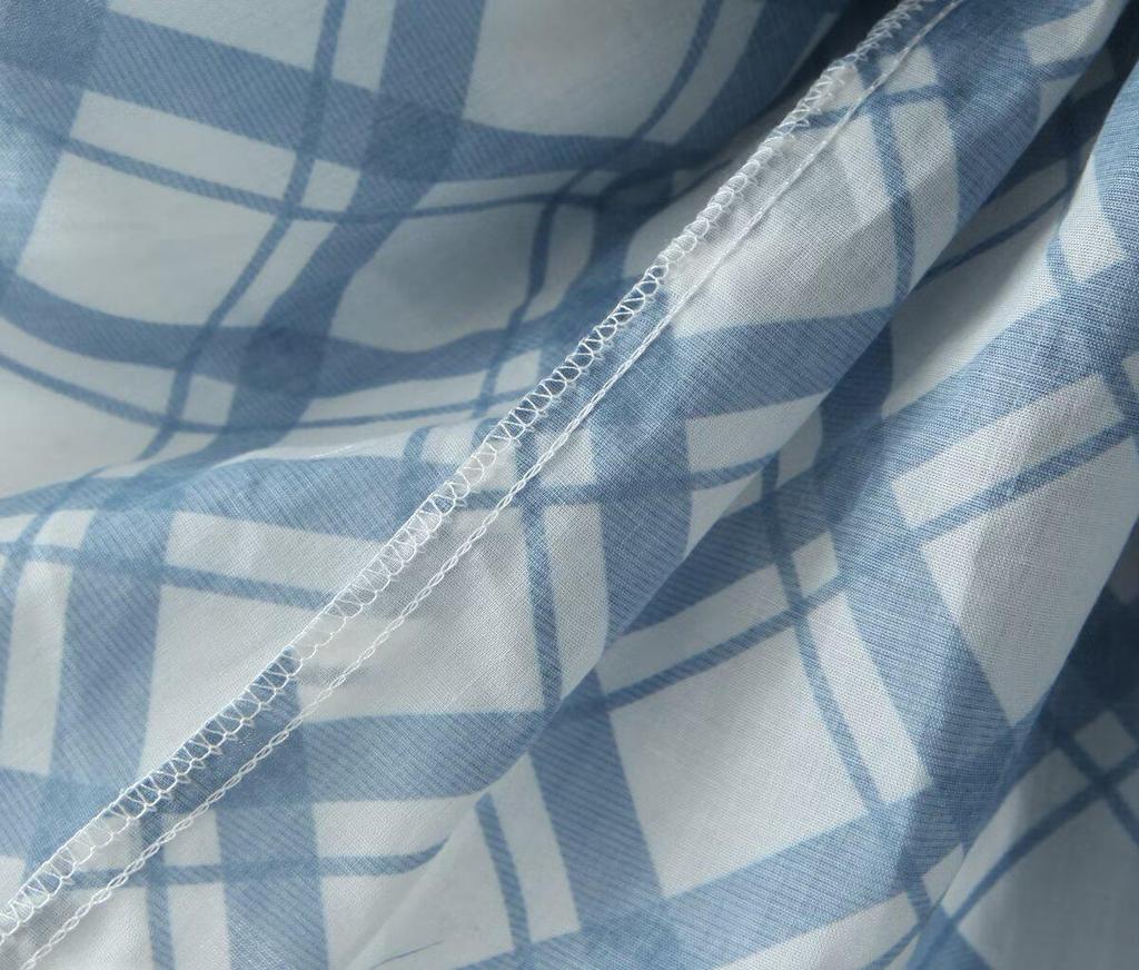 French Summer Plaid Puff Dress with Bow Tie and Short Sleeves