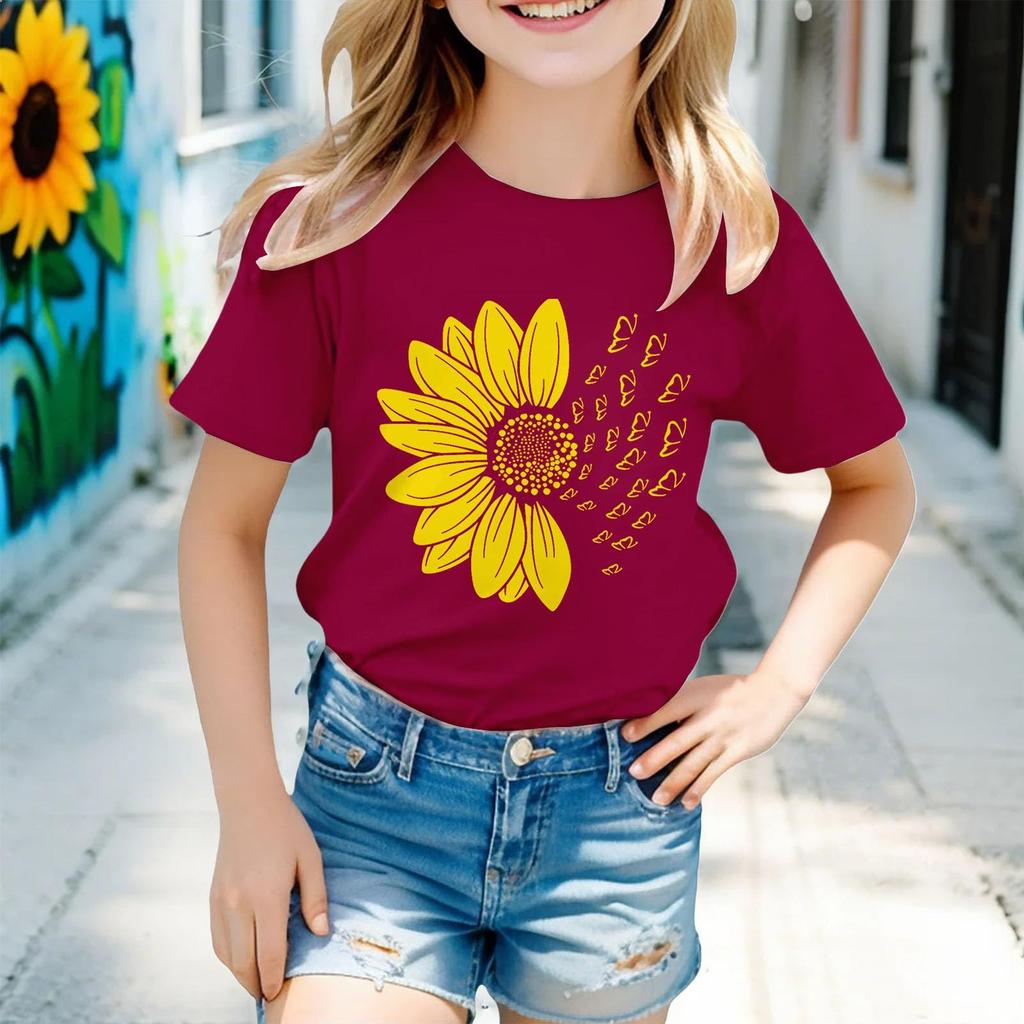 Kids Fashion Short Sleeve Round Neck Floral Printed Casual T-Shirt Top