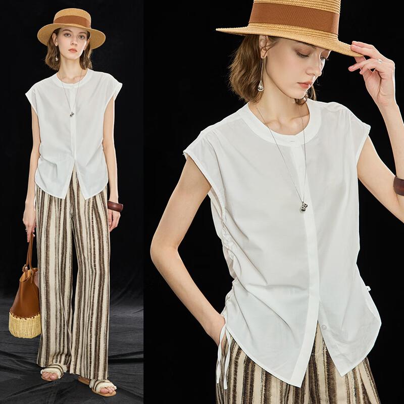 Wudao Pleated Drawstring Short Sleeve Round Neck Shirt M
