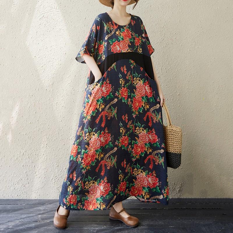 Short Sleeve Plus Size Cotton Vintage Floral New In Dresses for Women Casual Loose Long Summer Dress
