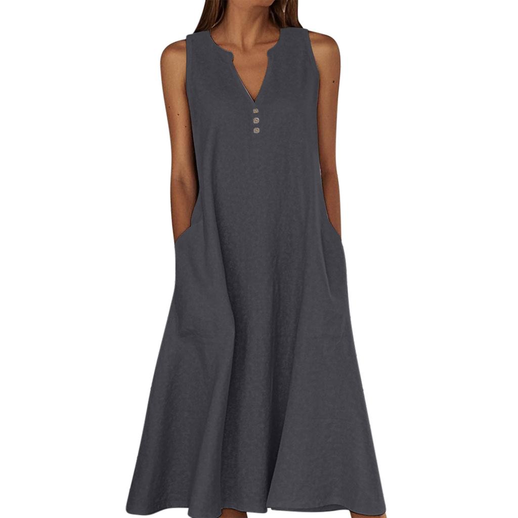 Women's Sleeveless V-Neck Button Front A-Line Dress with Side Pockets in Multiple Colors