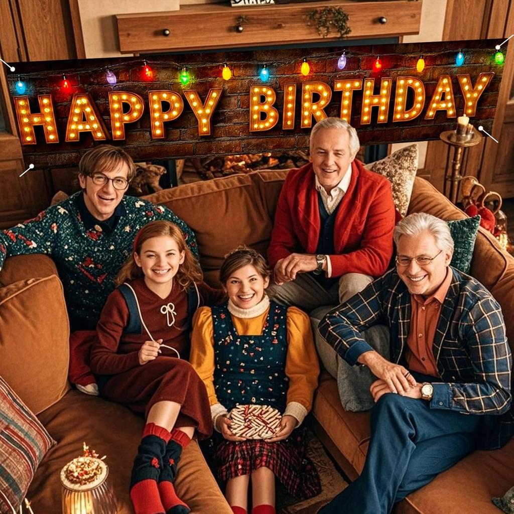 Nuxovilar Happy Birthday Yard Banner - 78.7x17.7 Inch Brick Wall with Colorful String Lights,Happy Birthday Yard Design, Outdoor/Indoor Giant