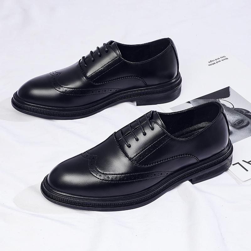 Autumn Brock Leather Shoes Men's Inner Height Increase of 6cm Men's Shoes Leather Breathable Business Dress British Pointed Wedding Shoes