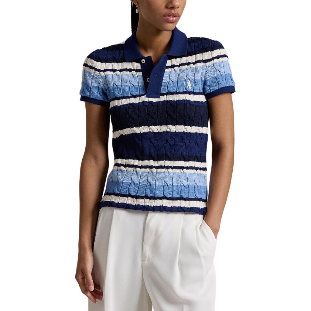 Polo Ralph Lauren Slim Fit Striped Button Short Sleeve Polo Shirt Women Tops Blue WMPOKNINB920187-999