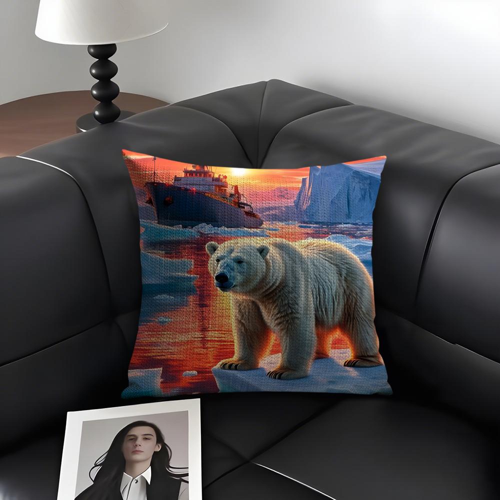 Polar Bear Cute Cushion Cover Natural Linen Organic Fabric Double-Sided Printing Sofa Home Decor Gift Pillow Case
