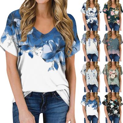 Damen Sommermode Casual Print V-Ausschnitt Kurzarm Top Bluse