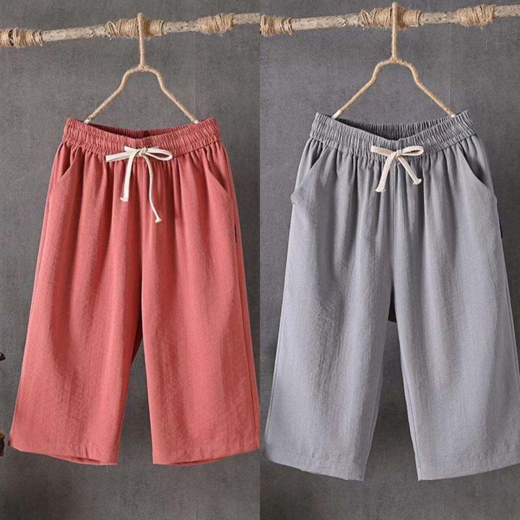 Women's Summer Cotton-Linen Loose Wide-Leg Crop Pants 216 - Plus Size