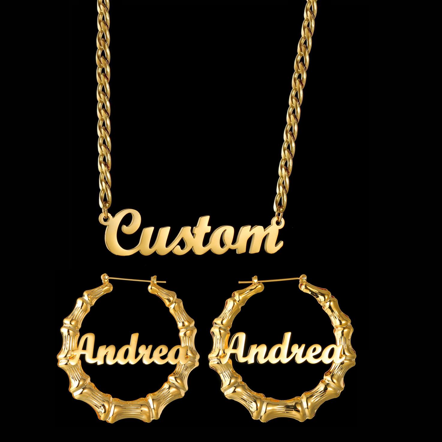 

Atoztide Custom Name Necklace Bamboo Earring Stainless Steel Jewelry Set For Women Personalized Heart Cuban Chain Birthday Gift 40mm earring&30cm necklace