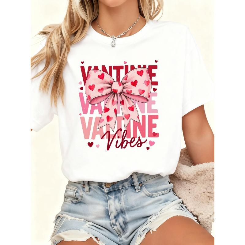 

European Size Plus Size - Women S Valentine S Day T-Shirt with Pink Bow and Valentine S Day Print | Casual Short Sleeve, Crew Neck,Heart Pattern 4XL