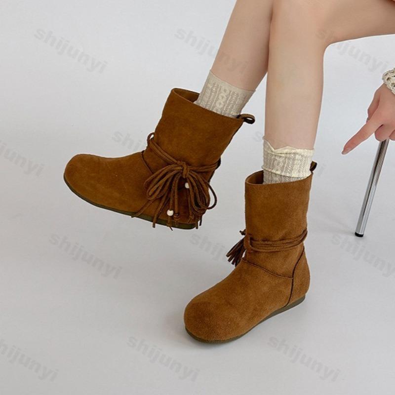 Fashion Woman Short Boots Fashion 2025 Autumn New Korean Style Soft Bottom Anti-slippery Versatile Trend Low-heel Flat Boot Botas Mujer
