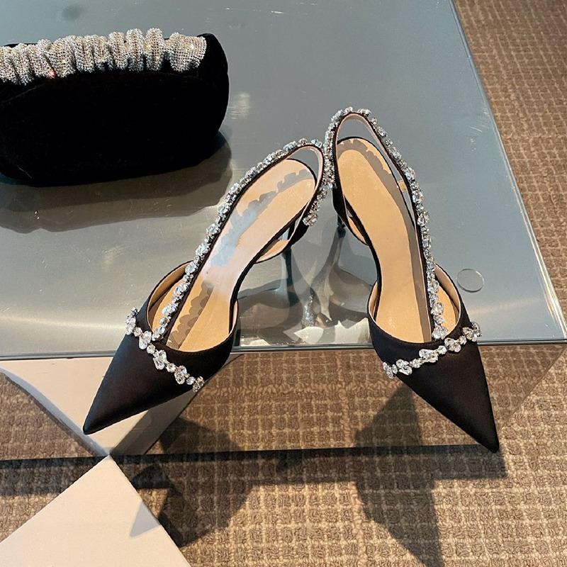 Mode Luxe Dames Hoge Hakken Dames Puntige Neus Feest Bruiloft Schoenen Wit Zwart Stiletto Zomer Strass Slingback Sandalen Vrouwelijk